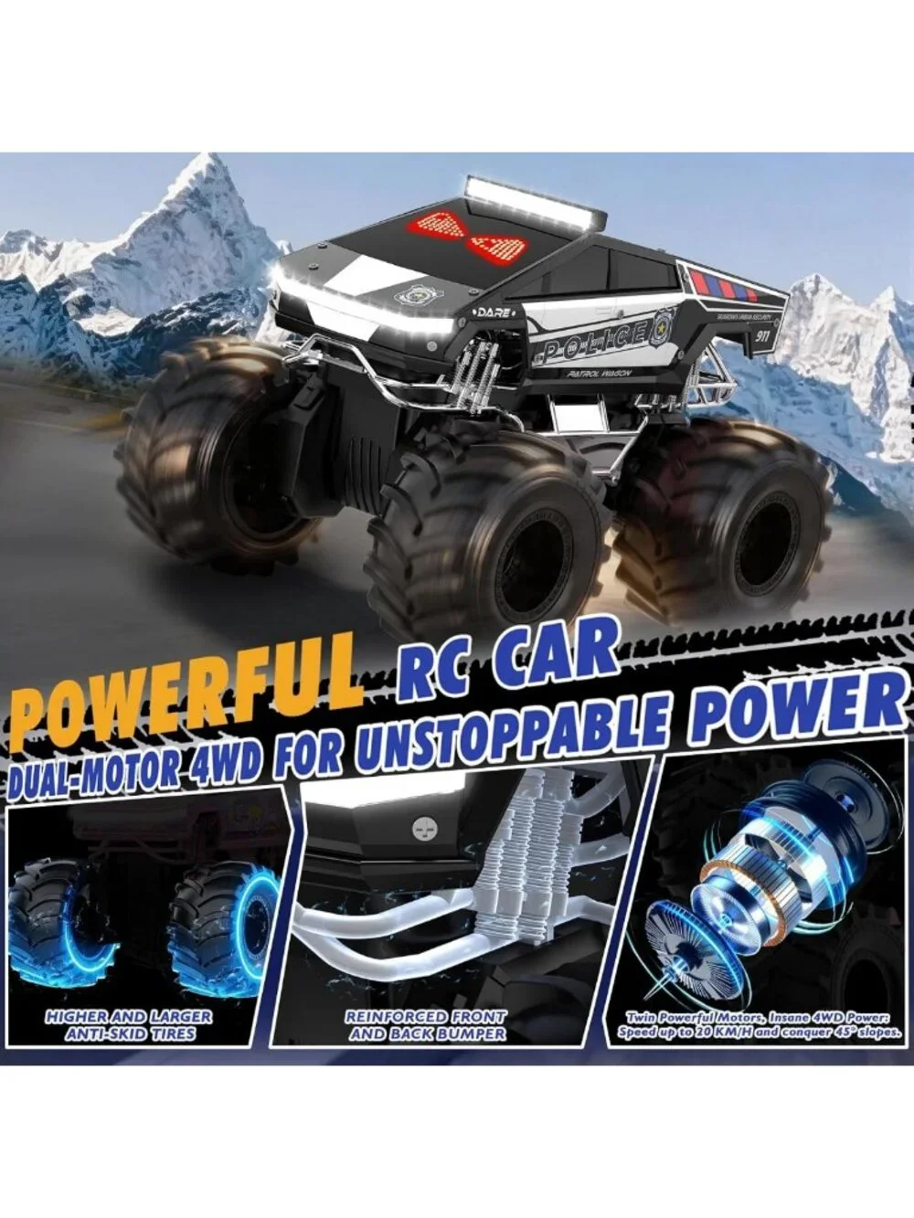 Amphibious Remote Control Car with LED Eyes, 4WD All-Terrain Toy for Kids 6-12